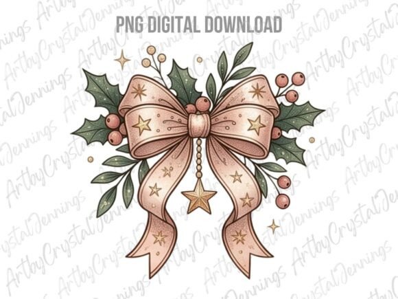 Boho Christmas Bow Holly Coquette PNG & Illustrations