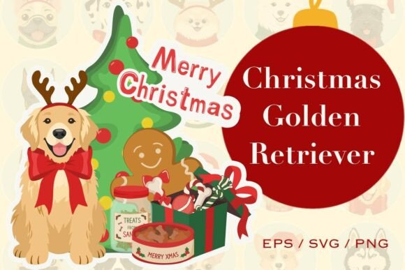 Christmas Golden Retriever EPS, SVG, PNG Illustrations