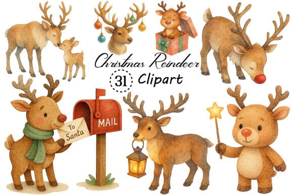 Cute Christmas Reindeer Sublimation Illustrations