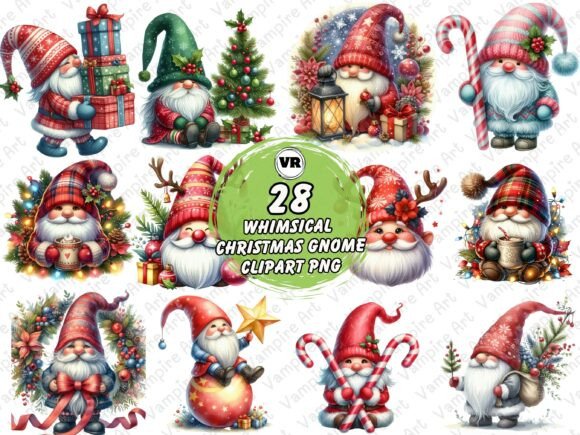 Cute Christmas Santa Gnome Clipart Set Illustrations