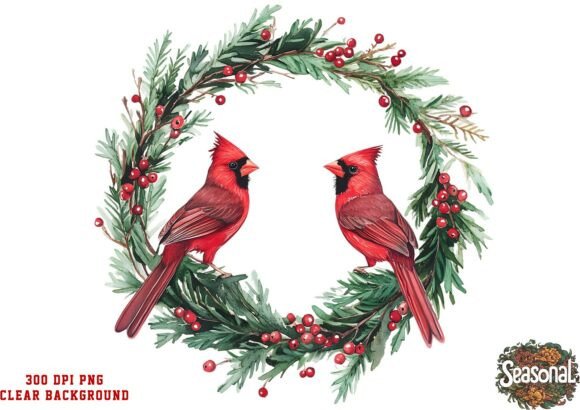 Evergreen Cardinals Christmas Wreath PNG & Illustrations