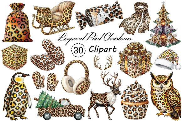 Leopard Print Christmas Clipart PNG & Illustrations