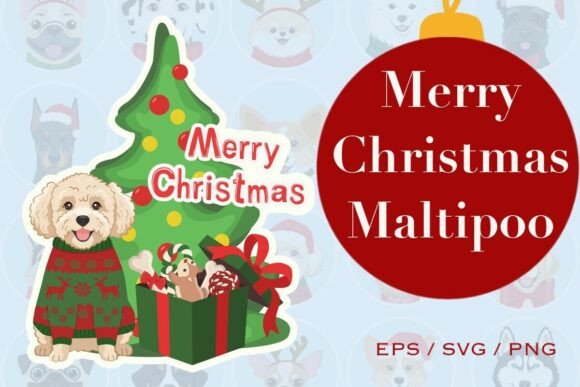 Merry Christmas Maltipoo Clipart SVG,EPS Illustrations