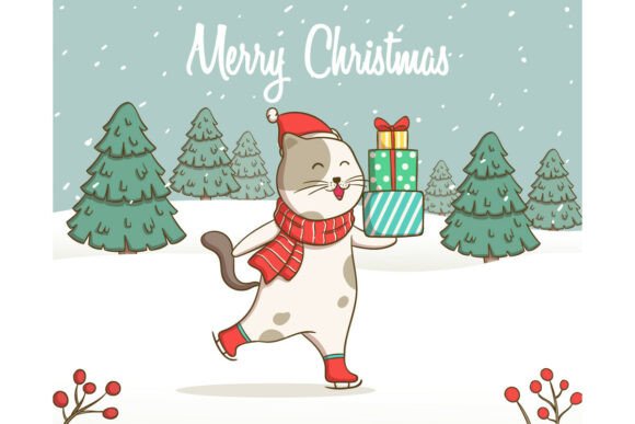 Santa Cat Carrying Many Christmas Gifts Illustrations