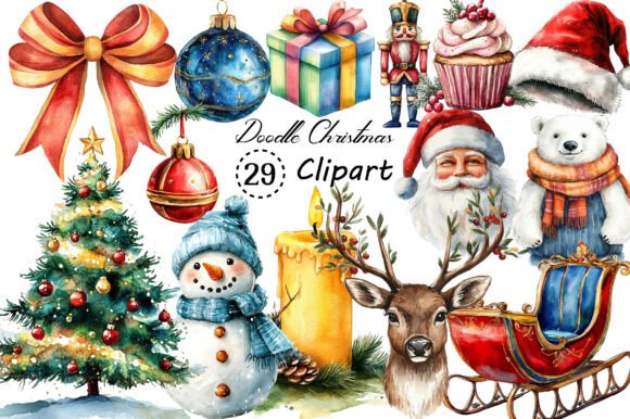 Watercolor Brush Doodle Christmas Bundle: Festive Illustrations